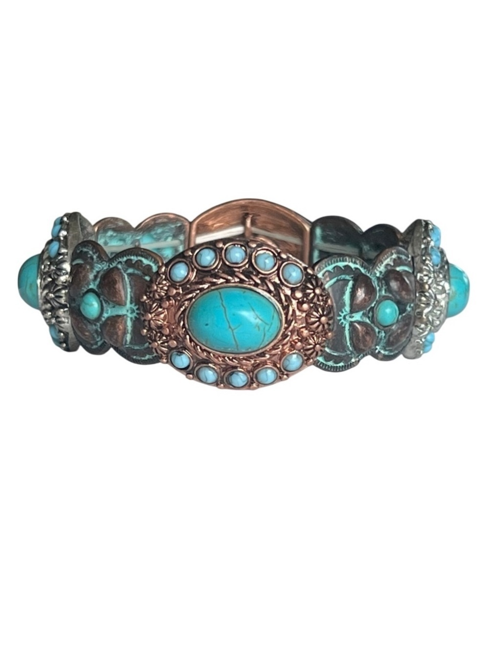 Vintage Turquoise Copper Silver Chunky Stretch Bracelet Western Boho